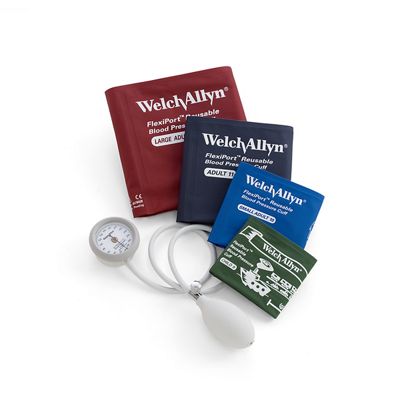 Um aneroide Welch Allyn D244 com braçadeiras de pressão arterial Welch Allyn FlexiPort compatíveis, mostrado em vários tamanhos e cores