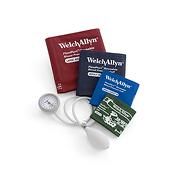 A Welch Allyn D244 aneroid with compatible Welch Allyn FlexiPort blood pressure cuffs, shown in various sizes and colors