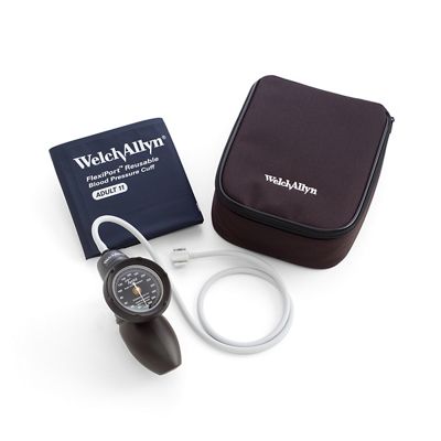 A black Welch Allyn Platinum Series DS58 Hand Aneroid with its black, zippered carry case and a Welch Allyn reusable cuff.