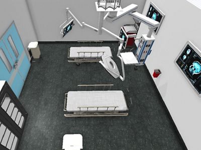 A digital render of a Level 1 Trauma room with multiple beds and monitors