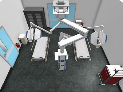 A digital render of a Level 2 Trauma room with multiple beds and overhead lights