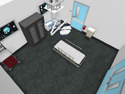 A digital render of a Level 3 Trauma room with single bed, monitors and overhead light 
