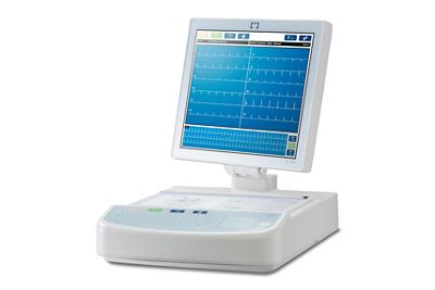 ELI 380 ECG, previously branded as Welch Allyn, Mortara and Burdick, is now a Baxter diagnostic cardiology device facing to the left 3/4 view.
