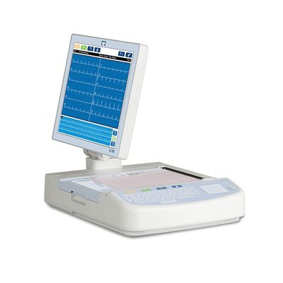 ELI 380 Resting Electrocardiograph, previously branded as Welch Allyn, Mortara and Burdick, is now a Baxter diagnostic cardiology device, showing a 3/4 view with ERGO monitor turned to the left