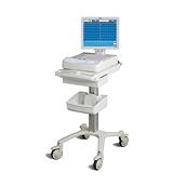 ELI 380 Resting Electrocardiograph, previously branded as Welch Allyn, Mortara and Burdick, is now a Baxter diagnostic cardiology device, showing a 3/4 view on rolling stand. 