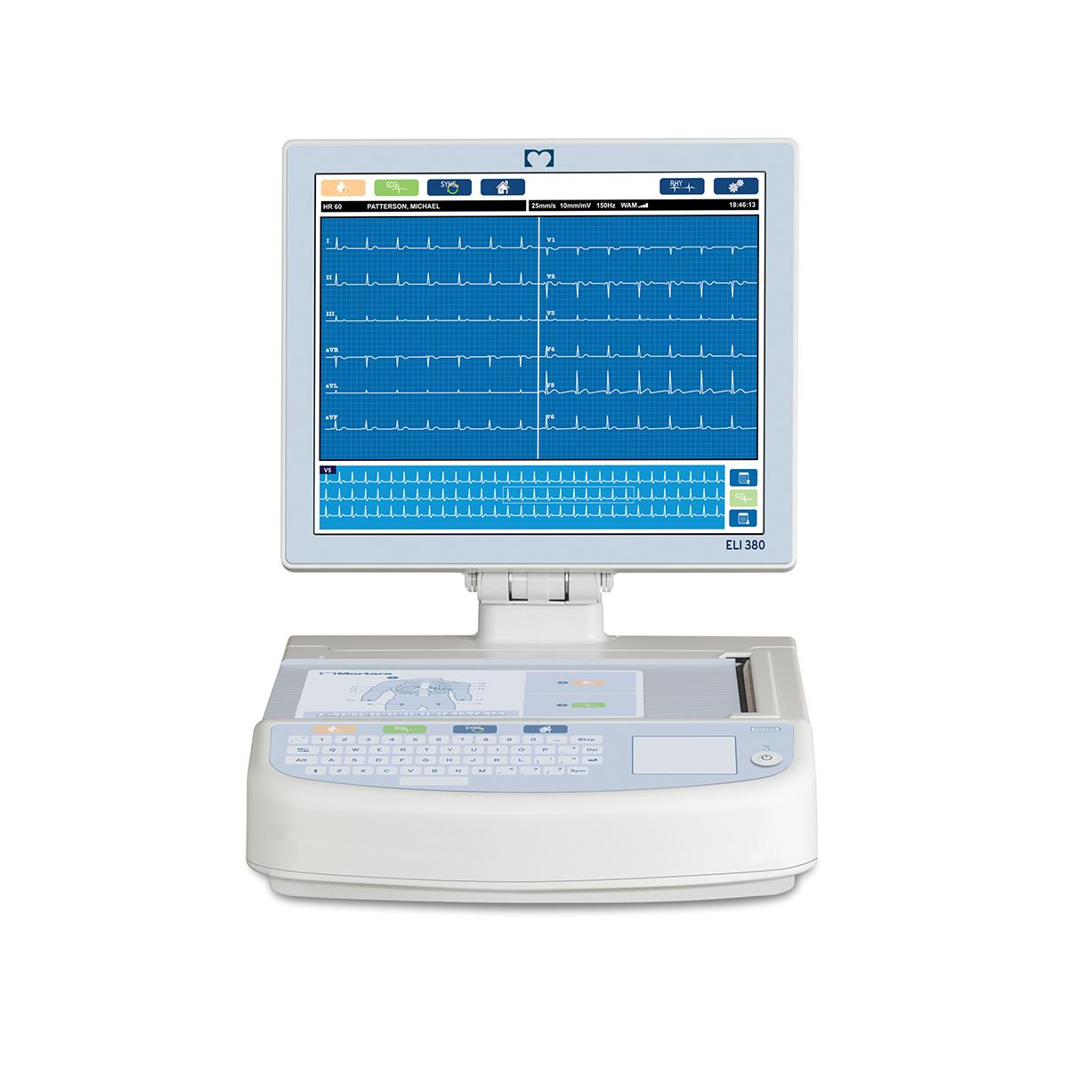 ELI 380 Resting Electrocardiograph, previously branded as Welch Allyn, Mortara and Burdick, is now a Baxter diagnostic cardiology device, showing a front view