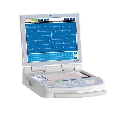 ELI 380 Lite Resting Electrocardiograph, (previously branded as Welch Allyn, Mortara and Burdick, is now a Baxter diagnostic cardiology device) 3/4 view with the ERGO monitor turned to the left