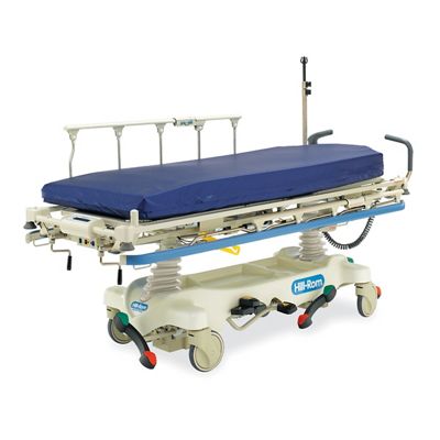 Hillrom™ Electric Stretcher, 3/4 quarter view, rail up on far side