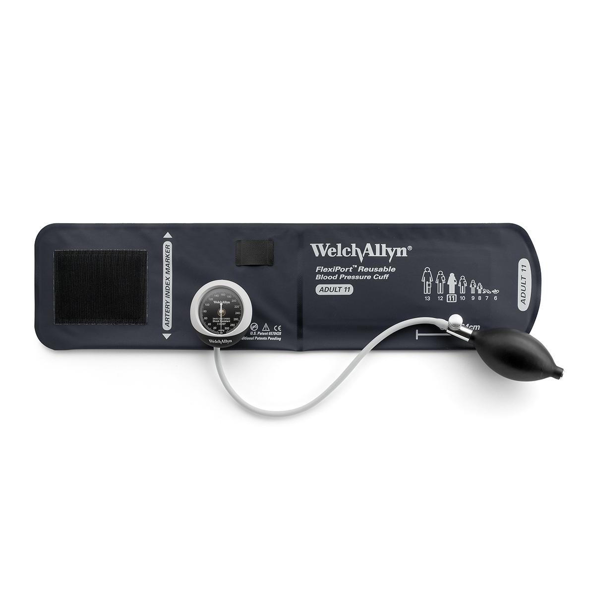 A Welch Allyn Silver Series DS45 Aneroid attached to an adult-sized, reusable FlexiPort blood pressure cuff.