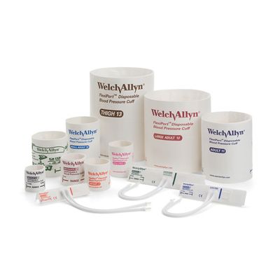 Soft Welch Allyn Disposable Blood Pressure Cuffs are shown in a variety of color-coded sizes, including neonatal.