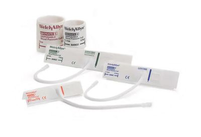 Soft Welch Allyn Disposable Blood Pressure Cuffs are shown in a variety of color-coded sizes, neonatal.