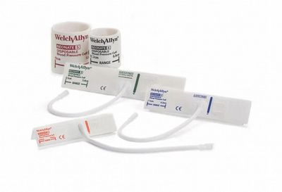 Soft Welch Allyn Disposable Blood Pressure Cuffs are shown in a variety of color-coded sizes, neonatal.