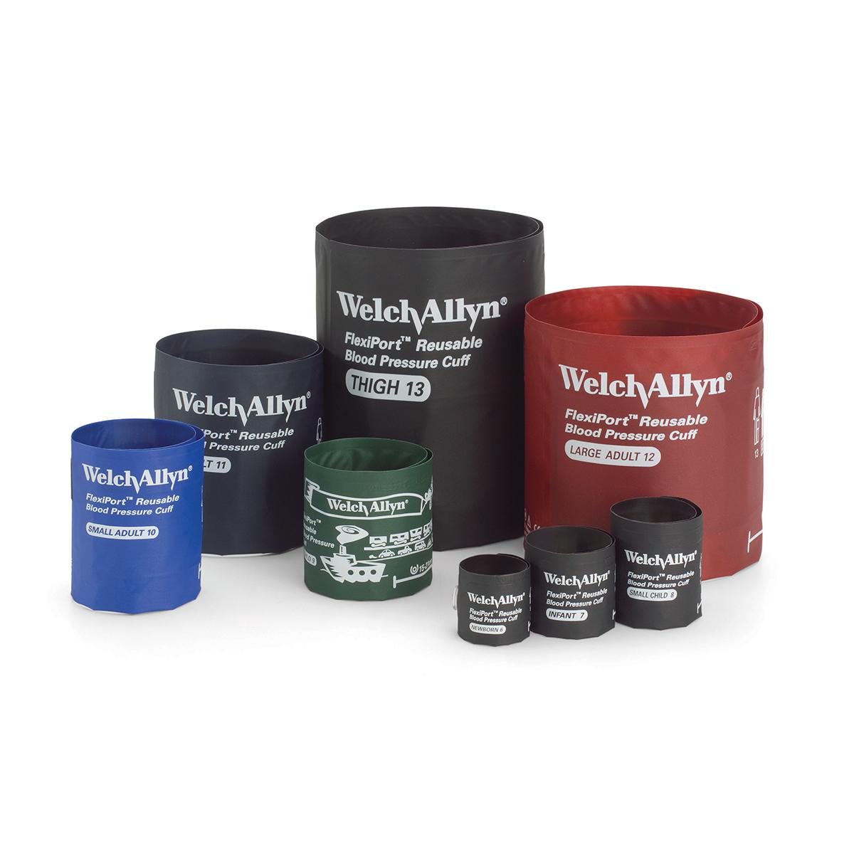 Welch Allyn FlexiPort Reusable Blood Pressure Cuffs are shown in a variety of sizes and corresponding colors