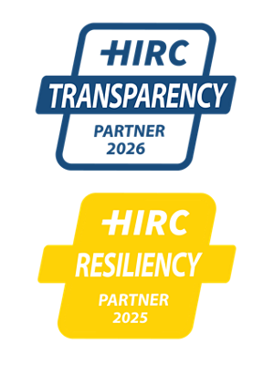 Two stacked certification badges reading “HIRC Transparency Partner 2026” in blue and “HIRC Resiliency Partner 2025” in yellow.