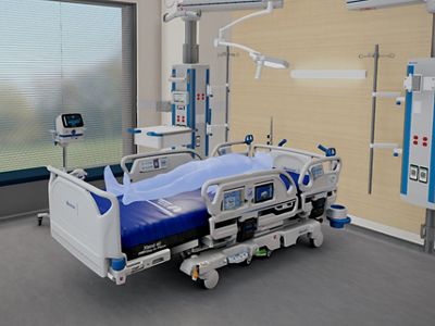 A digital render of a patient room with hospital bed, overhead lift and wood décor