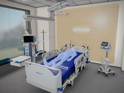 A digital render of a patient room with bed and guest seating