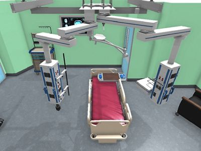 A digital render of an advanced configuration ICU room with lights and FCS booms