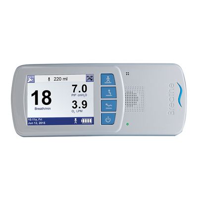 Hillrom's Life2000 Ventilator shows oxygen flow rate, peak inspiratory pressure, and breath rate.