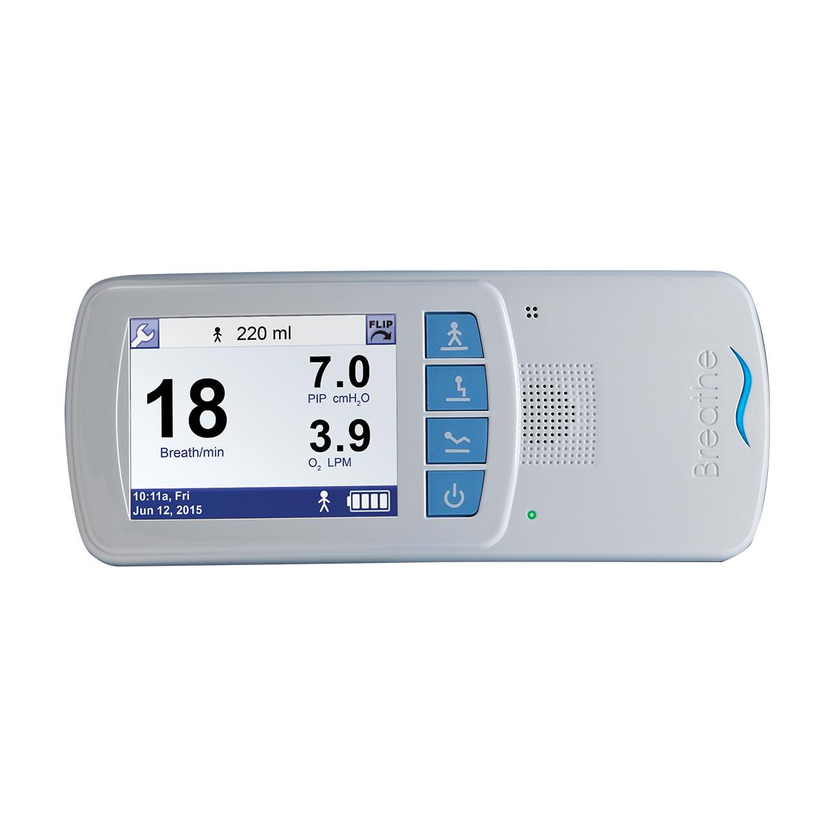 Hillrom's Life2000 Ventilator shows oxygen flow rate, peak inspiratory pressure, and breath rate.
