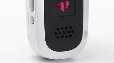 Voalte Linq device is shown at an angle with focus on speaker and embedded microphone