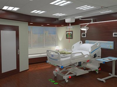 A digital render of a patient room with hospital bed, overhead lift and wood décor