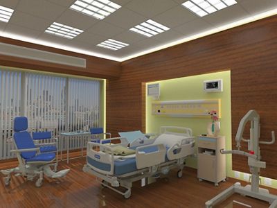 A digital render of a patient room with bed and guest seating