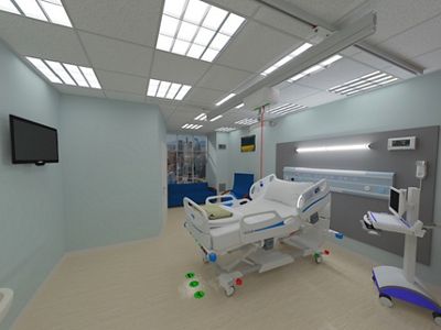 A digital render of a patient room with bed and guest seating
