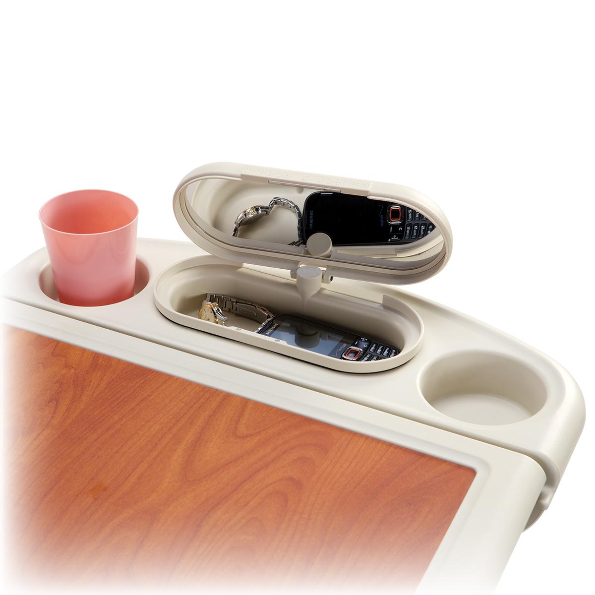 Art of Care Overbed Tables, red wood design top, close-up view of cup holder, mirror and storage