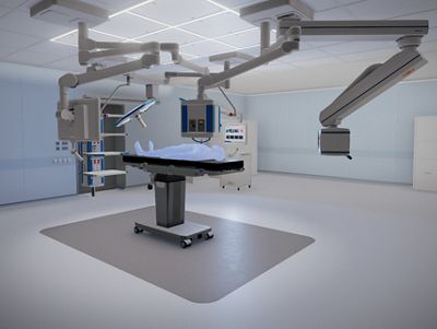 A digital render of an advanced universal operating room with surgical table and overhead lights