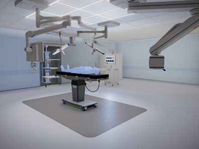 A digital render of a general universal operating room with surgical table and overhead lights 