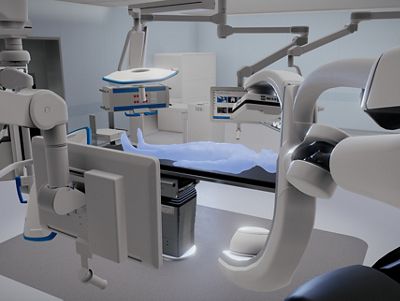A hybrid operating room equipped with bed, overhead lights and the Siemens Imaging Platform