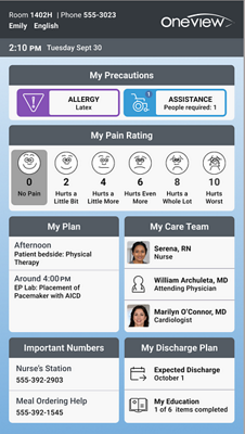 Oneview digital whiteboard displays care team members, patient risk factors and more.