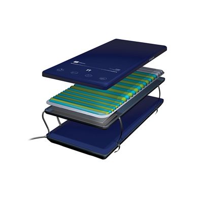 Matelas P290, option mousse, vue éclatée de trois quarts montrant les couches extérieures et intérieures