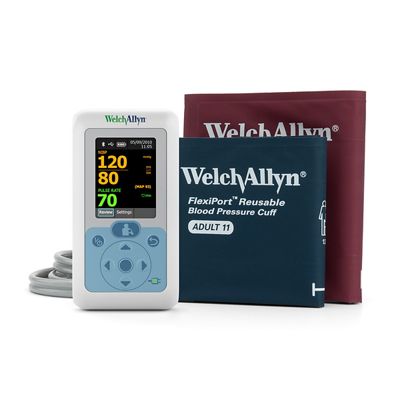 Connex® ProBP™ 3400 Digital Blood Pressure Device and two FlexiPort™ Blood Pressure Cuffs, straight on view from table top, front of products