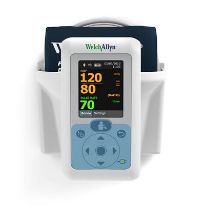 Welch Allyn Connex ProBP 3400 Digital Blood Pressure Device straight on view in Wall-Mount Adapter with Basket