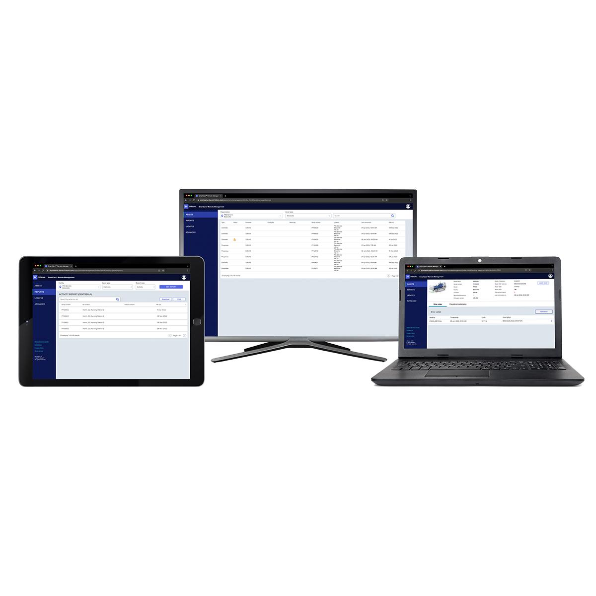 SmartCare™ Remote Management software is displayed on multiple devices — a laptop, desktop computer and tablet.