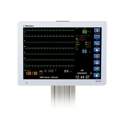 A straight-on view of a Surveyor S19 monitor displaying vital signs