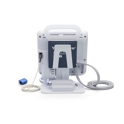 This back view of the Spot Vital Signs® 4400 Device shows the pulse oximeter connection port and blood pressure cuff holder built into the desktop stand.