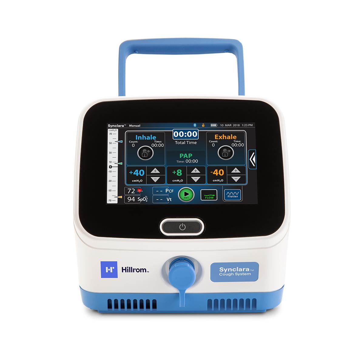Front view of the Synclara Cough System controller with screen displaying information and controls.