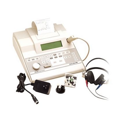 A white, tabletop Welch Allyn TM 262 AutoTymp Tympanometer with black over-the-ear headphones and a detachable power source.