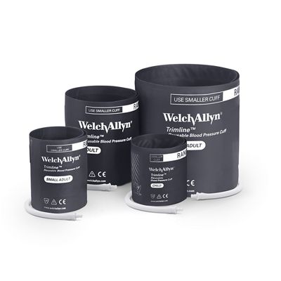 Welch Allyn Trimline Two Piece Reusable Blood Pressure Cuffs in four sizes. The cuffs are black with white tubing.