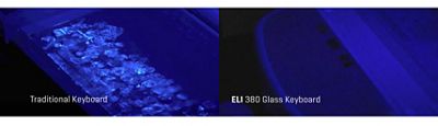 traditional keyboard with fingerprint residue underneath blue-light vs ELI 380 glass keyboard with no fingerprints under blue-light