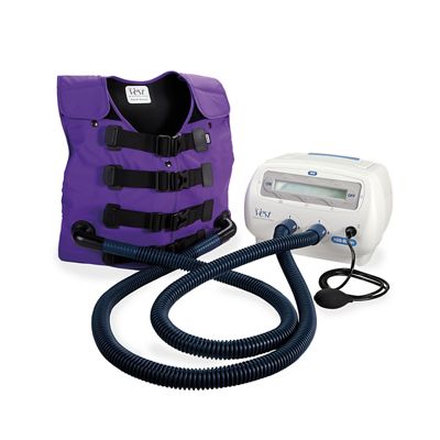 The Vest System, Model 105, front facing, Colour Me Purple Vest with hoses attached to control unit 