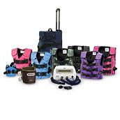 The Vest System, Model 105, collage of vests in different styles and colors, with control unit and bag