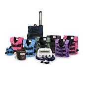 Group shot of vests in a variety of colors with a wrap garment, control unit, air hoses and bag