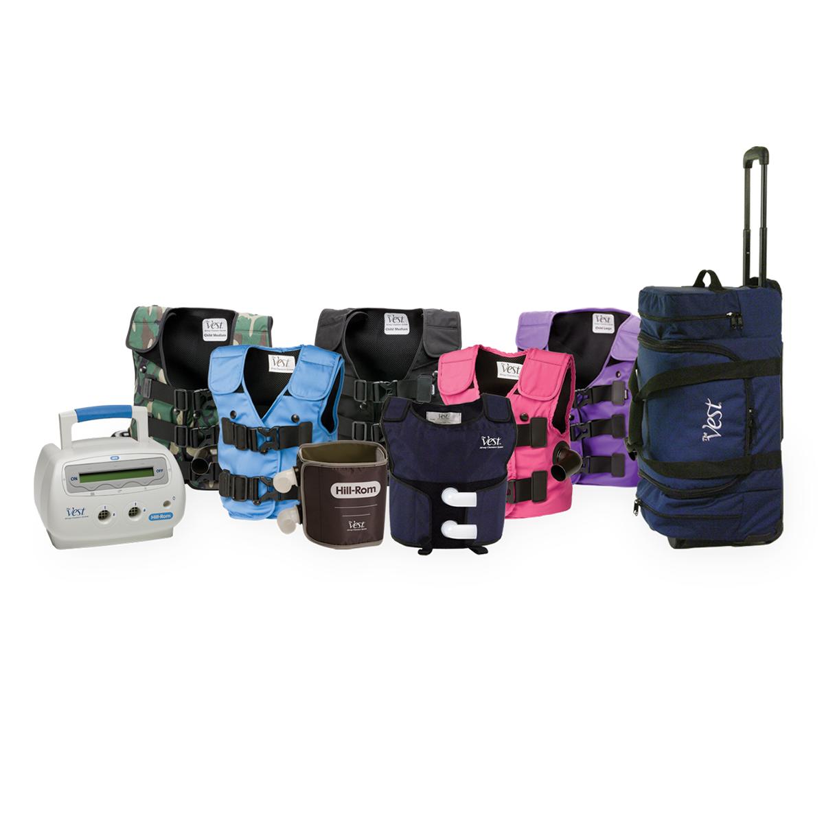 The Vest System, Model 105, collage of vests in different styles and colours, with control unit and bag
