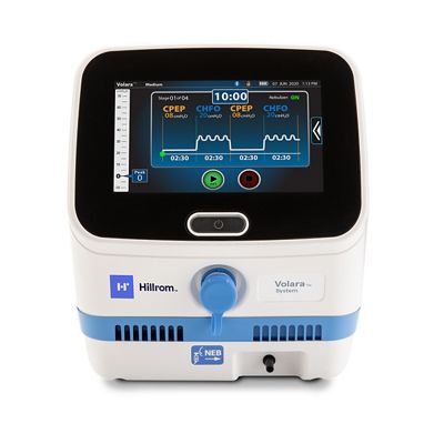 The Hillrom™ Volara Oscillation and Lung Expansion Therapy system's controller unit, in white-and-blue trim