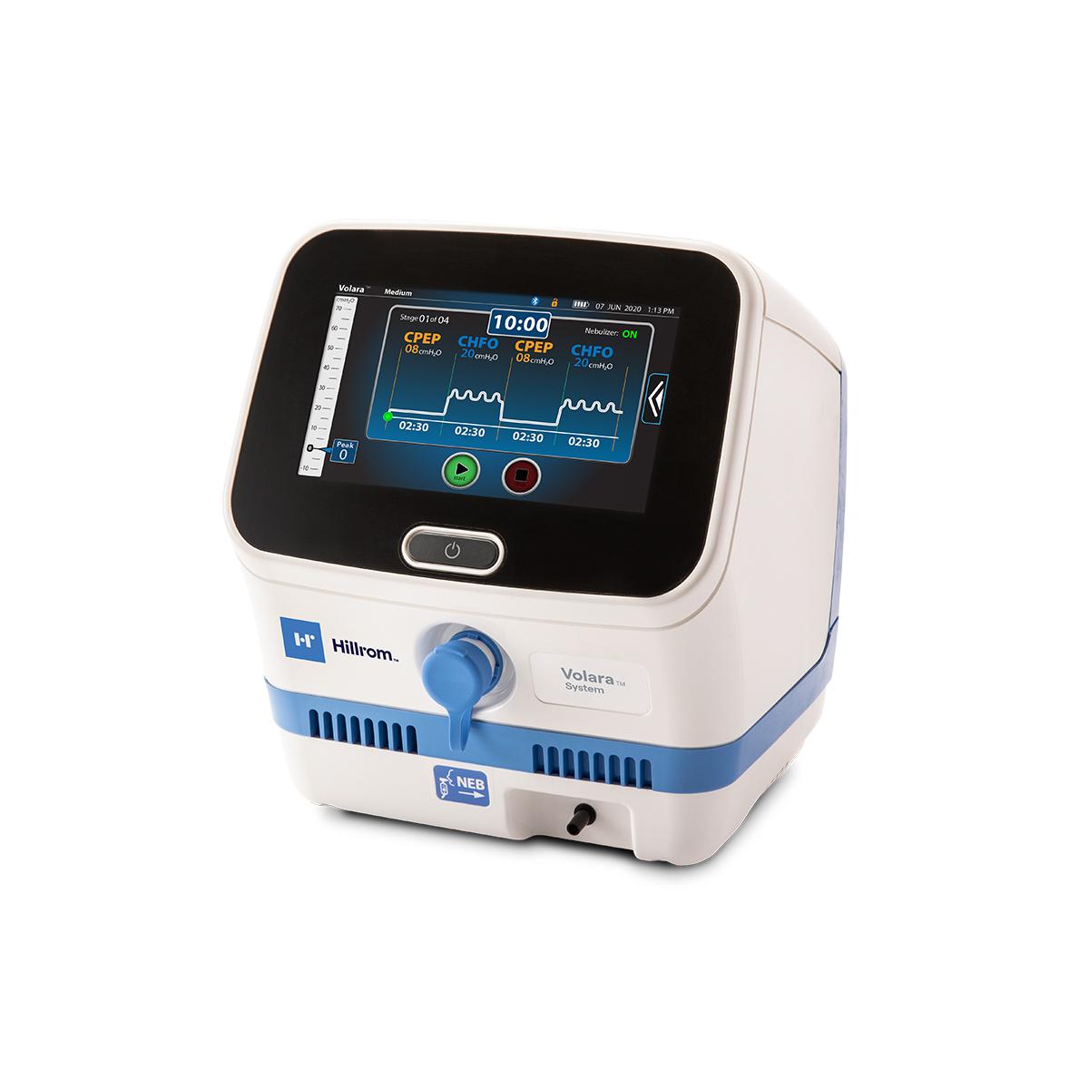 The Hillrom™ Volara Oscillation and Lung Expansion Therapy system's controller unit, in white-and-blue trim.