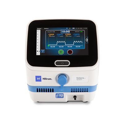 The Hillrom™ Volara Oscillation and Lung Expansion Therapy system's controller unit, in white-and-blue trim