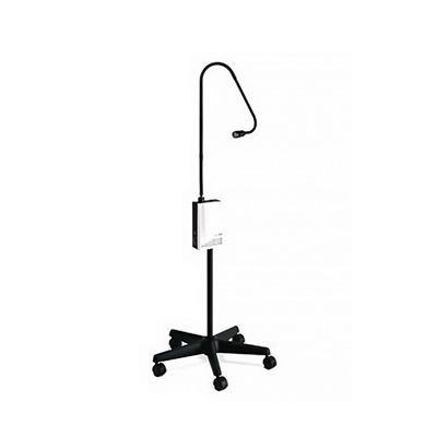 The free-standing Welch Allyn Exam Light III. The unit and stand are black. The stand has 5 caster wheels.